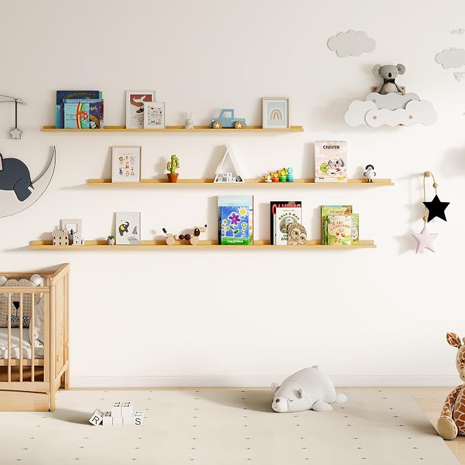 Floating Picture Ledge Shelves for Wall Set of 2, 84 Inches Picture Ledge Shelf with Long Large Nursery Book Shelf for Toys Storage Kids Bookshelf Wall Mounted Living Room Bedroom Decor Frames, Oak
