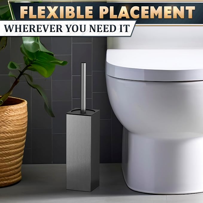 Stainless Steel Toilet Brush and Holder Set, Square Shape (Silver) | Toilet Bowl Brush and Holder, Removable Inner Bowl, Dense Bristles, Long Handle, Scratch Resistant, for Modern Bathrooms
