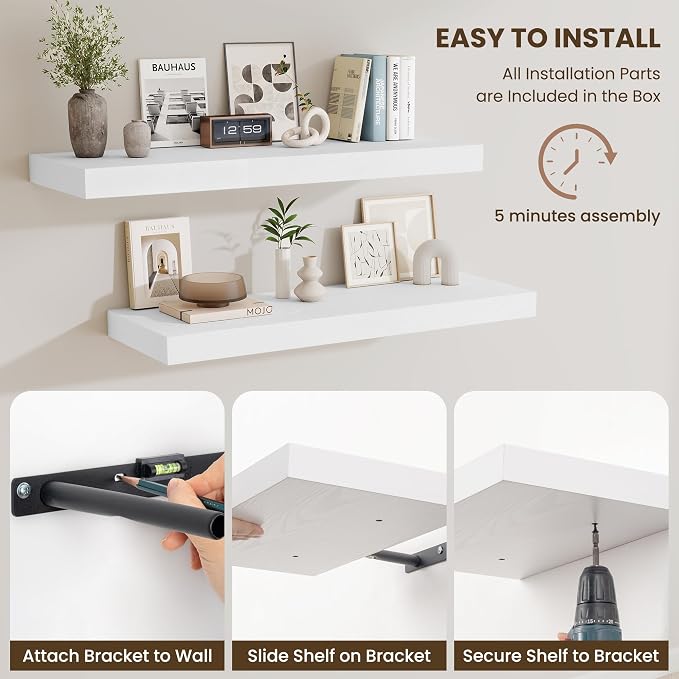 Fun Memories Floating Shelves for Wall 12 Inch, 12 Inch Deep Square Wall Shelves, Bathroom Storage Shelves Over Toilet, Wood Floating Shelves for Living Room Bedroom, White, Set of 2