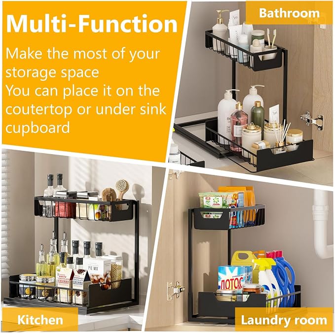 Ceetug Under Kitchen Sink Organizers and Storage, Black, 2 Pack | Slide Out Drawer, L-shape, 2 Tier, Cabinet Organizer for Kitchen Bathroom
