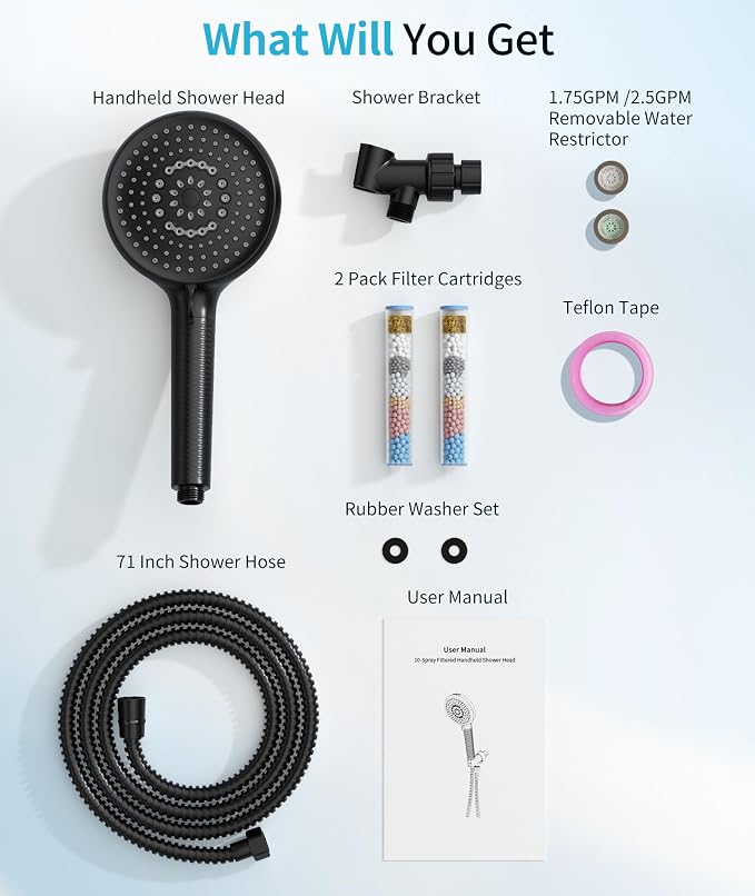 Filtered Shower Head with Handheld, 10 Spray Mode High Pressure Shower Head with Filters, Shower Filter Head for Hard Water, Powerful Spray for Cleaning, 2 Replaceable Filters Included, Black