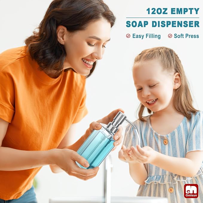 GMISUN Glass Soap Dispenser with Stainless Steel Pump, Clear Hand Soap Dispenser for Bathroom, 12 fl oz/350ml Hand and Dish Soap Dispensers Set for Kitchen, Refillable Liquid Soap and Lotion Bottle