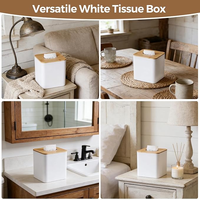 Tissue Box Cover Square, Modern White Facial Tissue Holder with Bamboo Lid | With Natural Bamboo Lid, Waterproof, Durable, Decorative, Fit Standard Cube Tissue Boxes, For Bathroom Bedroom Office Desk