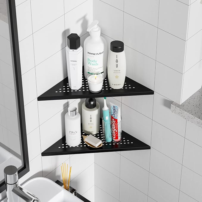 Qeke 2 Pack Bathroom Corner Shelf, Recessed 12" Corner Shower Shelf, SUS304 Stainless Steel Triangular Wall Mount, No Drilling, Matte Black | 304 Stainless Steel Grout in Bathroom Corner Shelves, Bathroom Shelf for Tiled Wall, Rustproof, No Drilling Re...
