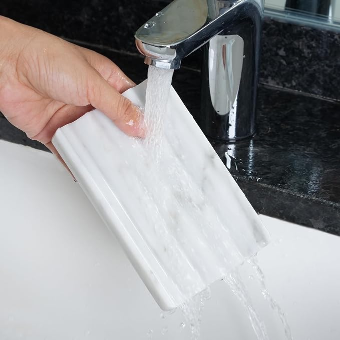 Soap Holder, Marble Soap Dish for Shower, Bar Soap Holder with Water Ripple Design, Easy Cleaning Soap Saver for Kitchen Sink,Bathroom, Executive Italian Natural Stone Soap Tray(Bianco Carrara)