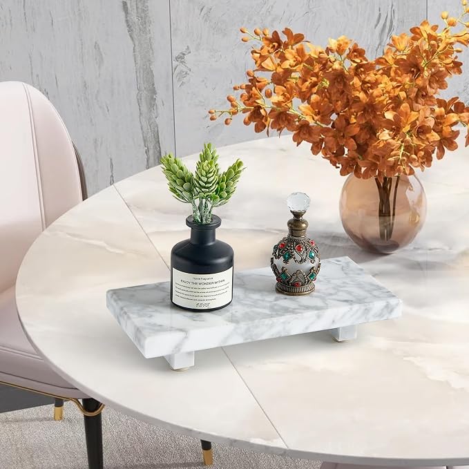 Natural Marble Tray Pedestal Stand, Stone Riser for Bathroom, Kitchen Sink | Stone pedestal riser, unique veining. Hand-polished, waterproof. Soap & vanity display. Perfume & candle catchall. Non-slip.