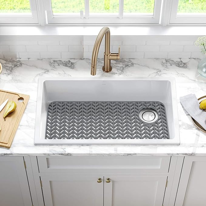 AWOKE Sink Protectors for Kitchen Sink,Kitchen Sink Protector Mat - 28.6" x 14.5" Heat-Resistant Silicone Folding Non-Slip Mat for Stainless Steel Sink with Right Drain (Grey)