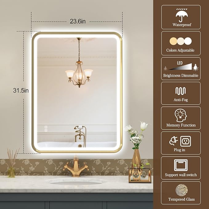 S'bagno 32X24 Gold LED Mirror for Bathroom with Frontlit & Backlit, LED Bathroom Mirror with Metal Frame, Anti-Fog, Stepless Dimmable, 3 Colors Temperature LED Vanity Mirror(Horizontal/Vertical)