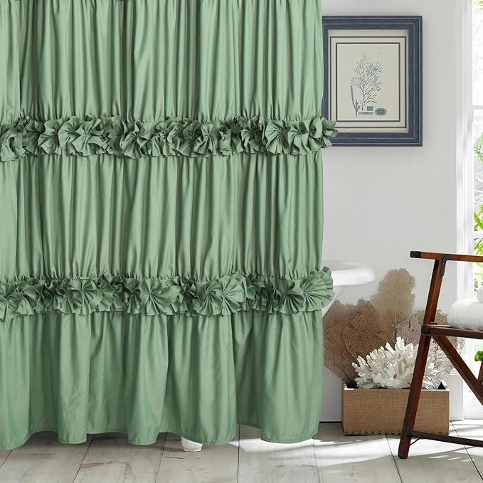 Light Green Ruffle Shower Curtain 72“ W x 84” H | Vintage Handcrafted Bow Tie Bath Curtain for Master Bathroom, Ruched Microfiber Bathroom Curtain with 12 Buttonholes (LQ-10)