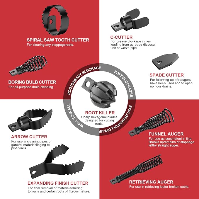 POPULO Drain Cleaner Machine 100Ft x 3/8 Inch, Root Killer, Auto feed Sewer Snake Auger on Wheels, Electric Drain Auger Professional for 1.5 to 3 Inch Pipes & Foot Switch with 8 Cutters