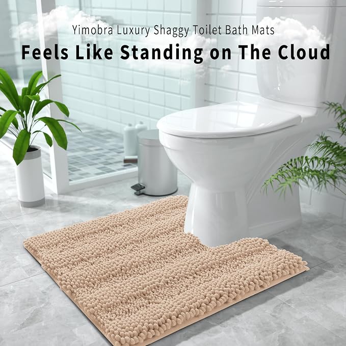 Yimobra Toilet Rugs U Shaped Washable 24 x 20, Non Slip and Super Absorbent Toilet Mat, Quick Dry, Ultra Luxury Microfiber Chenille Plush Fluffy Contour Bath Rugs for Toilet Base, Beige