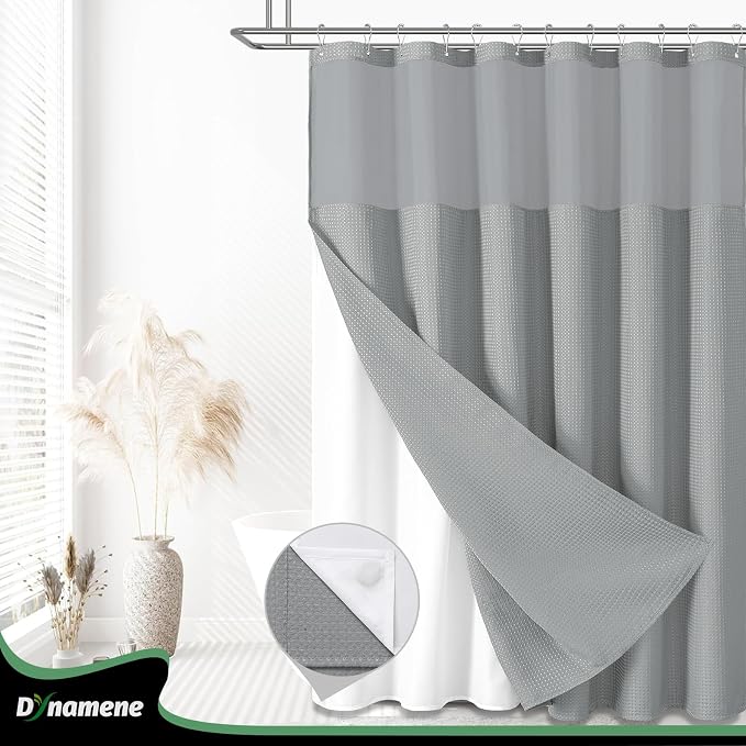 Extra Long Shower Curtain, 84 Inch Long Waffle Fabric Shower Curtain for Bathroom, Tall Waterproof Cloth Shower Curtain Liner Set with Hook, Snap in Liner, Mesh Top Window, Dark Grey, 72x84