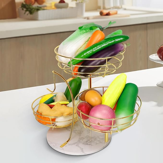 Livabber Fruit Basket Bowl with Banana Hanger, Metal Fruit Vegetable Storage Basket with Banana Holder for Kitchen Counter, Detachable Organizer for Bread Snack Produce (Gold, 3-Tier Marble Base)