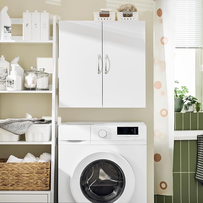 SoBuy Wall Cabinet, Over Toilet Storage Cabinet, Medicine Cabinet with Shelf, Multifunctional Wall Mount Cabinet for Laundry Room, Kitchen, Bathroom, White