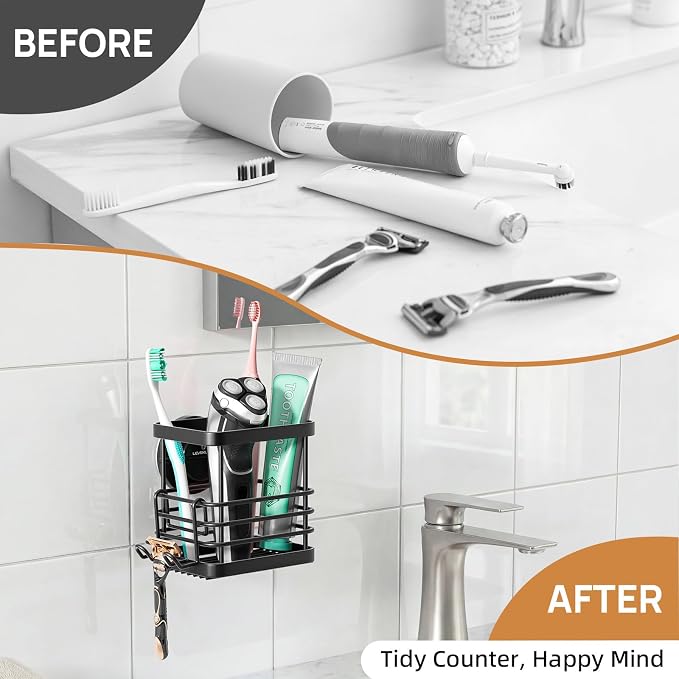 Powerful Suction Cup Stainless Steel Toothbrush Holders, Black | Removable Shower Tooth brush and Toothpaste Holder, Strong Suction Up to 11lbs, Anti-Puddling ,No Drill Bathroom Organizer