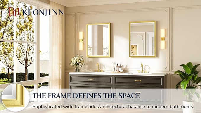 Keonjinn 24" x 32" Gold Bathroom Mirror, Secure French Cleat Installation | Aluminum Alloy Frame, Rustproof, HD Tempered Glass with Beveled Edge, Brushed Gold Mirrors for Wall, Hallway, Entryway Decor