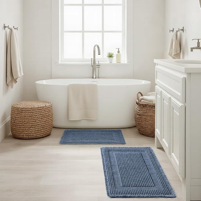 MIULEE Set of 2 Waffle Bathroom Rugs Blue Boho Bath Mat 24x36 in | Looped Design, Super Absorbent, Non Slip, Washable, Ultra Soft, Rubber Backed, Bathroom Mats for Floor Tub Shower
