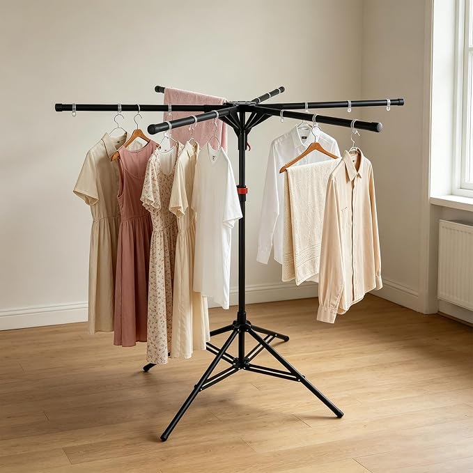 Foldable Clothes Drying Rack, 6 Rod Umbrella Style Height Adjustable Carbon Steel Laundry Stand with 40 Windproof Hooks, Collapsible Space Saving Tripod Garment Dryer for Indoor Backyard Outdoor