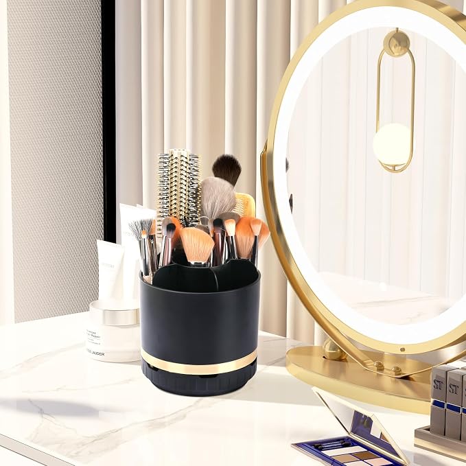 GFWARE Rotating Black Toothbrush Holder for Bathroom Organizer, Drainage | Detachable Matte Black 6 Slots Kids Electric Toothbrush and Toothpaste Holder, Bathroom Countertop Sink Storage Caddy