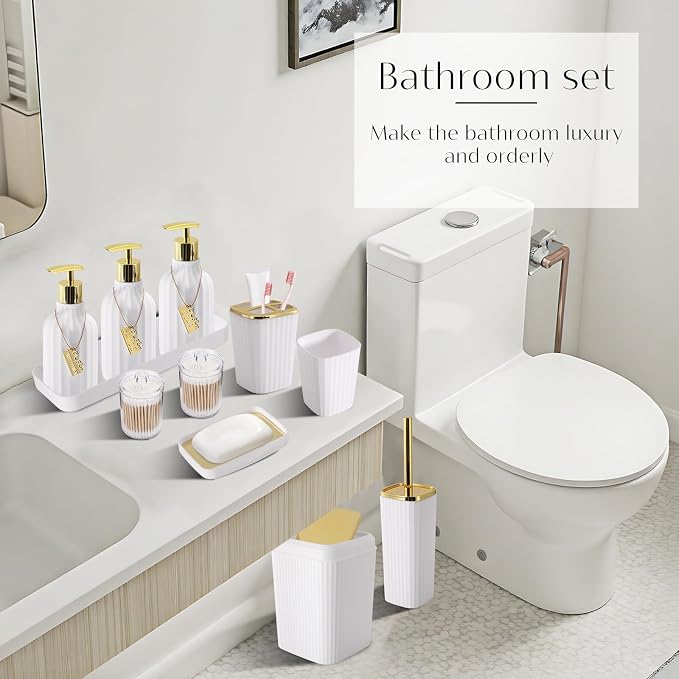 17PCS Bathroom Accessory Set Bathroom Set White and Gold Bathroom Accessories,Toilet Brush, Trash Can, Qtip Holder Dispenser& 3PCS Soap Dispenser