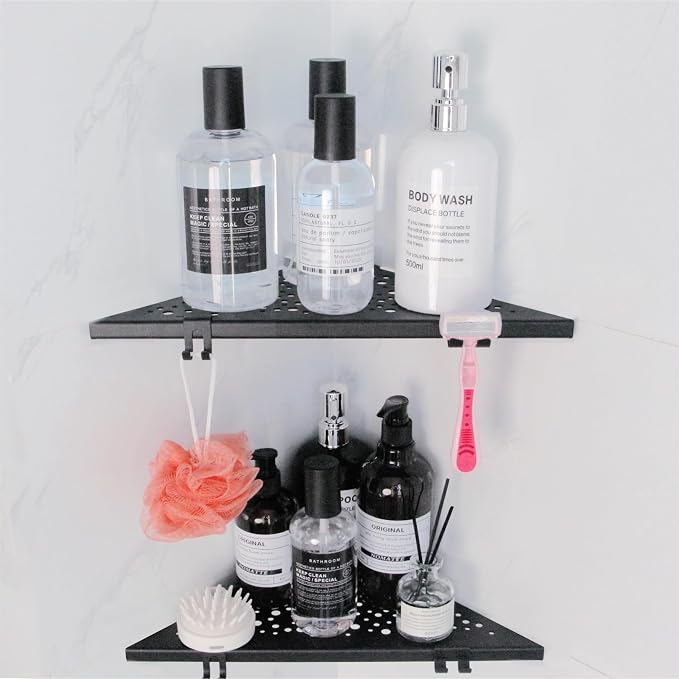 WELLUP Shower Shelf with 4 Hooks,10" Matte Black Corner Shower Shelf 2 Pack | 304 Stainless Steel Corner Shelf Recessed, Shower Corner Shelf for Tile Wall,Holds 15 lbs,Hollowed Drainage,Easy Install