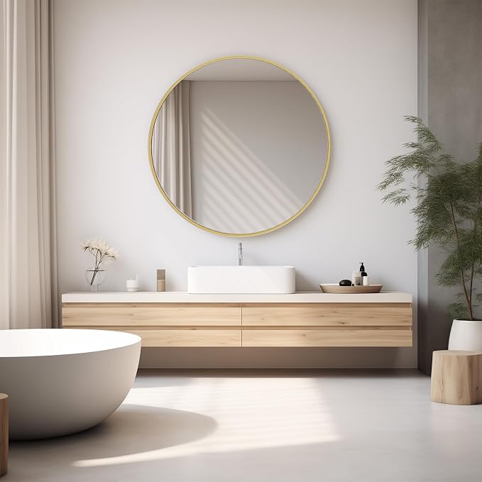 NEWBULIG 36 Inch Round Bathroom Mirror, Wall Mount Vanity Mirror | Circle Mirror for Over Sink, Matte Metal Frame, Entryway Decor, Bedroom Decor, Gold