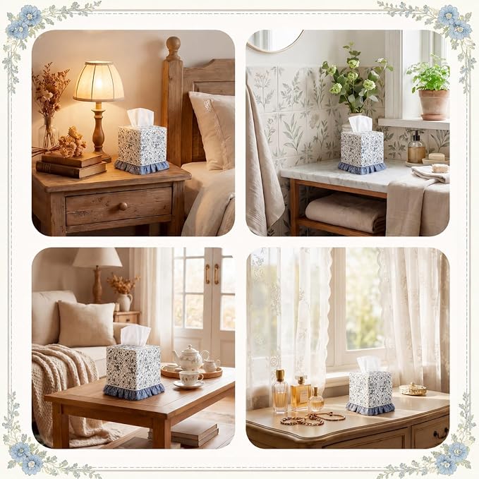 Hushee Cottagecore Ruffle Tissue Box Cover Floral Print Tissue Box Handmade Cotton Square Napkin Holder for Home Bedroom Living Room Bathroom Vanity Countertop Car Office Kitchen (Dark Blue)