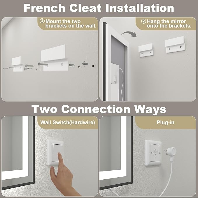 OKPAL 66x40 LED Bathroom Mirror with Lights, Frontlit & Backlit Lighted Bathroom Mirror, Black Lighted Vanity Mirror, Anti-Fog, Dimmable 3 Colors, Shatterproof, Horizontal/Vertical
