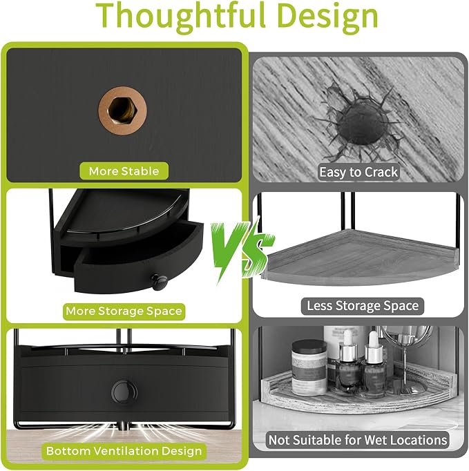 2-Tier Corner Bathroom Countertop Organizer with Drawer | Embedded Screw Holes, Space-Saving, Solid Wood Counter Shelf for Makeup & Skincare Storage, Black