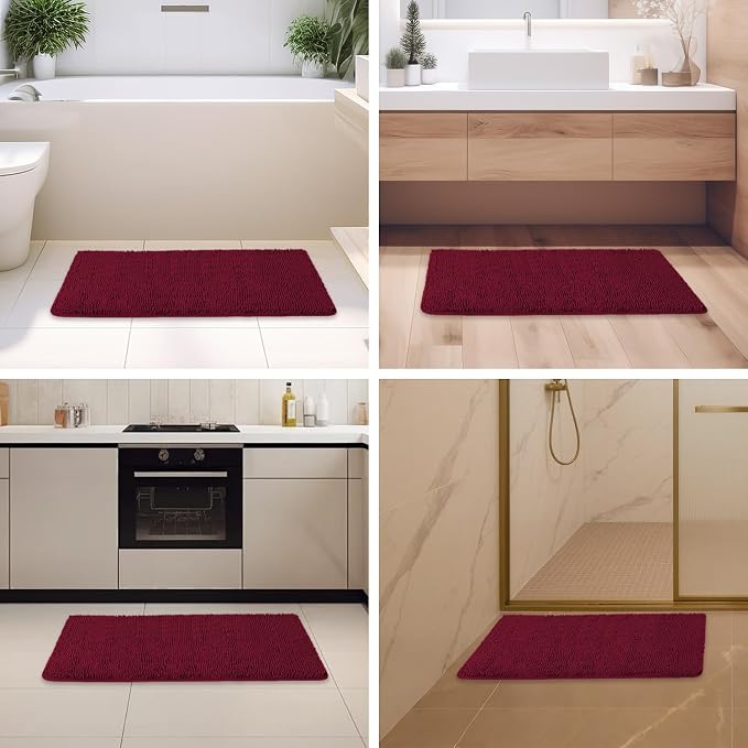 Vivid Burgundy Bathroom Rugs – Absorbent and Washable Bath Mat, Non-Slip, Thick Soft Chenille Bath Rugs for Bathroom Floor, Shower, Sink - 24" x 36"