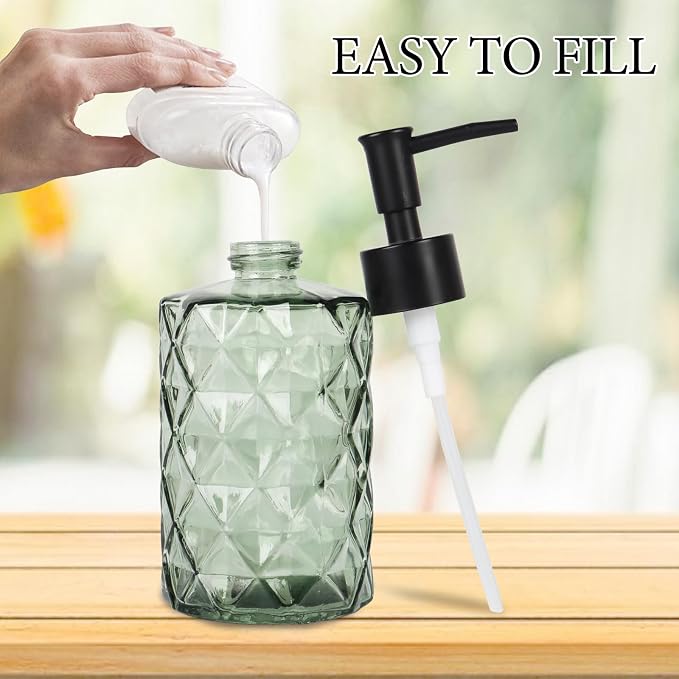 Green Glass Soap Dispenser, 11 Oz/330ml Liquid Hand Lotion Dispenser Set for Kitchen Sink and Bathroom, Dish Soap Dispenser Set, Lotion Glass Lotion Bottles with Black Pump (Army Green)
