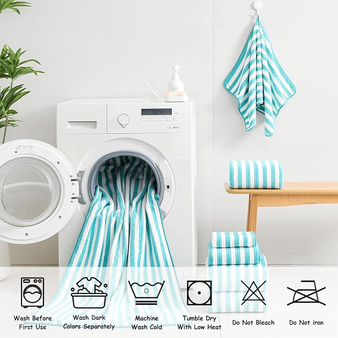 8 Pcs Turquoise Large Cabana Stripe Bath Towel Set Oversized Jumbo Towels | 2 Extra Large Bath Sheets,2 Hand Towels,4 Washcloths for Bathroom Soft Highly Absorbent Towels for Beach Chair Hotel