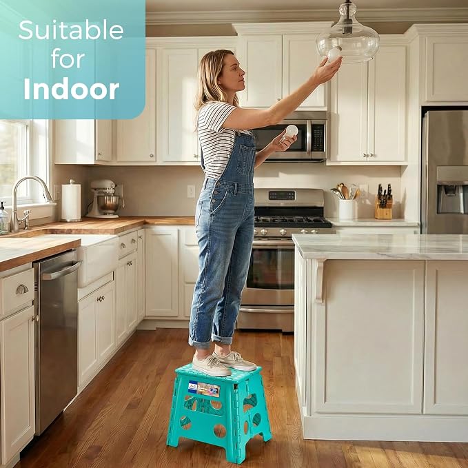 ACKO Folding Step Stool 13 Inch, Heavy Duty for Adults and Kids, Teal | Collapsible Foldable Stools, Non-Slip Surface Foot Stepping stool for Kitchen Bathroom Outdoor, Holds 300 lb, Built-in Handle