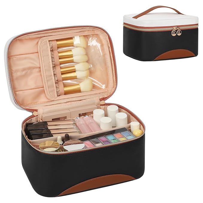 Makeup Bag,Large Capacity Travel Makeup Bag,Waterproof Cosmetic Organizer Case with Brush Holder Portable Make Up Bag for Women,Toiletry Bag for Daily Use & Trips as a Gift for Women