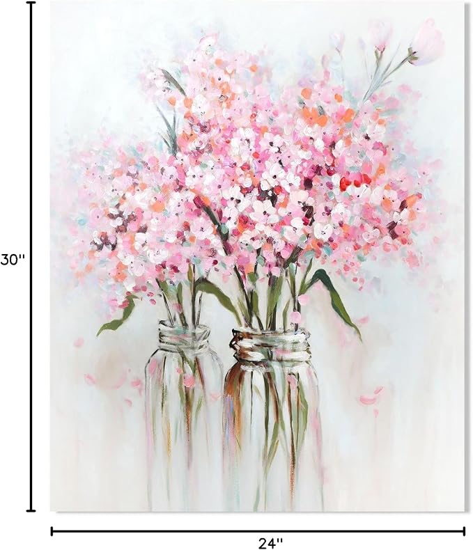YPY Abstract Bouquet Canvas Wall Art: Pink Flower in Vase Artwork Oil Painting Teen Girl Bedroom Floral Picture Living Room Decor 24"x30"