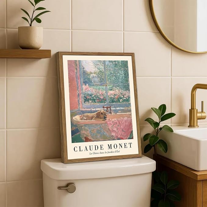 Cute Golden Retriever Bathroom Wall Art Vintage Claude Monet Dog in Bathtub Wall Decor Painting Funny Animal Bathroom Canvas Prints Picture 12x16 inch Wood Framed