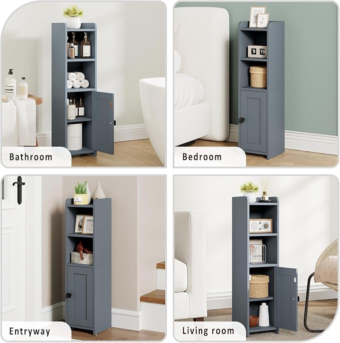 Lomojo Small Bathroom Storage Cabinet Corner, 7.87" Dx7.87 W x31.5 H (Gray) | Freestanding Narrow Toilet Paper Holder, Organizers for Bathroom Small Spaces Floor Cabinet with Adjustable Shelves and Door
