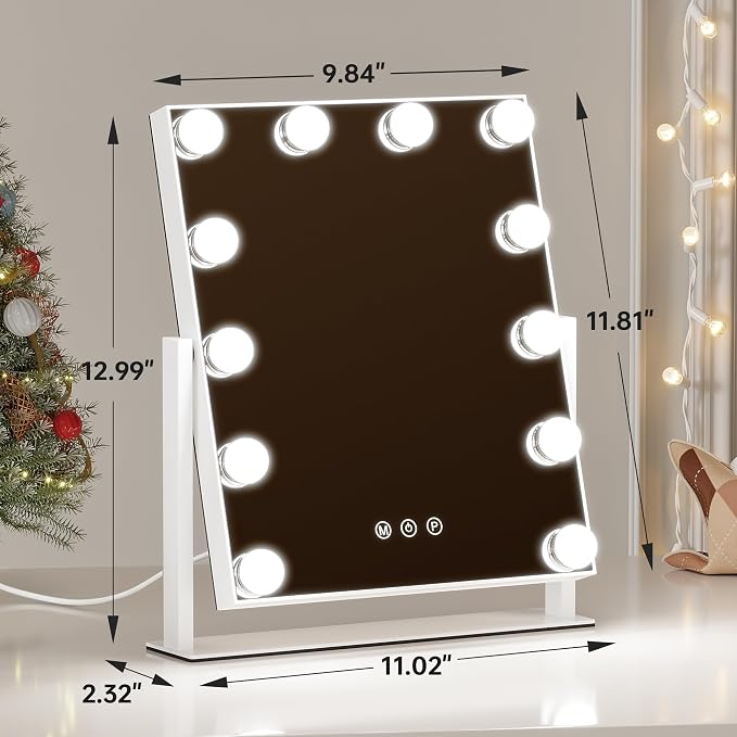 Vanity Mirror with Lights, 12 Bulbs Makeup Mirror with Smart Touch Control, 3-Color Dimmable Lighting, 360° Rotation