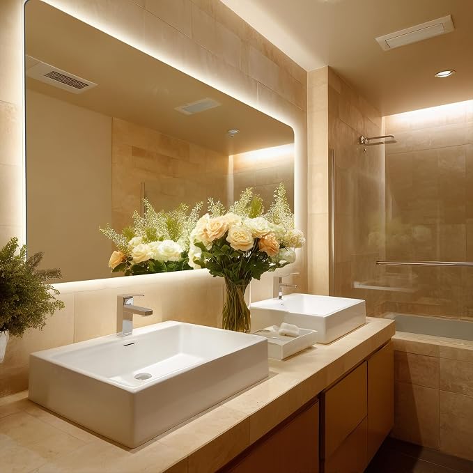 48''X30'' Lighted Mirrors for Bathroom Wall Backlit Rectangular Rounded Corners, LED Bathroom Mirror Frameless with Lights, Dimmable, 3 Colors,Tempered Glass, Shatter-Proof