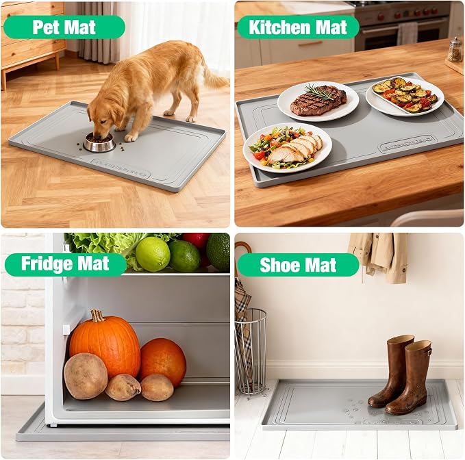 Under Sink Mat 31" X 22", Waterproof Silicone Cabinet Kitchen Liner, Gray | BPA-Free Raised-Edge Cabinet Protector & Leak Tray for Bathroom Cabinets, Boots, Pet Feeding Dog & Cat Mats, Dishwasher Safe