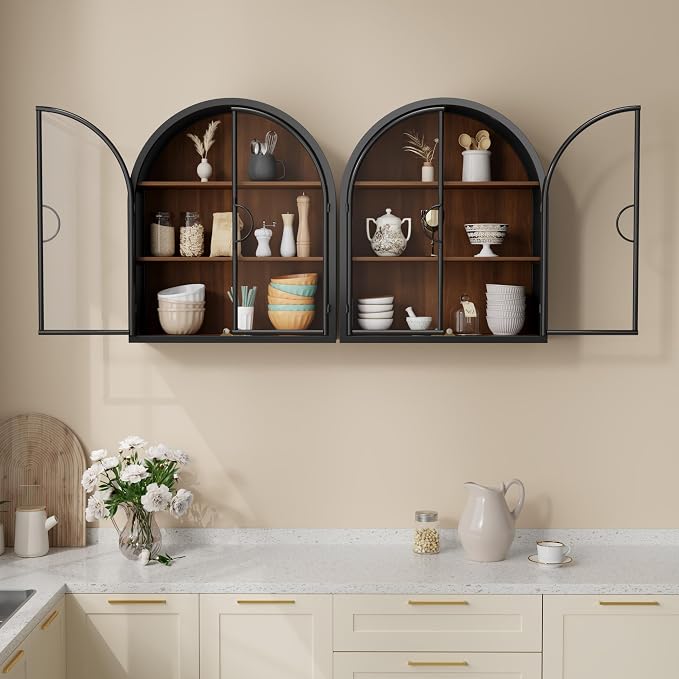 Arched Wall Cabinet with Clear Glass Door, NO Assembly | Metal Frame, 12MM Wooden Shelves, Handcrafted Arched Design, 40-lb per Tier, 5MM Tempered Glass, for Bathroom Wall Medicine