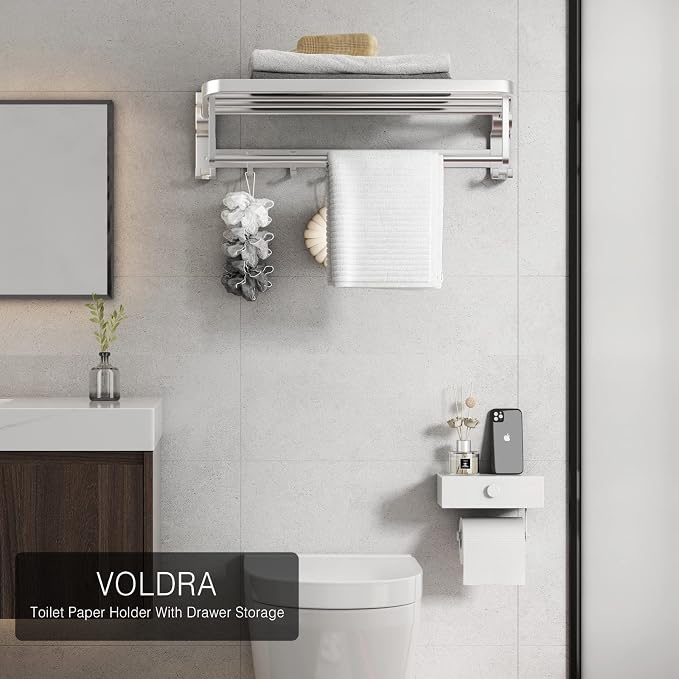 VOLDRA Toilet Paper Holder with Shelf White Wipes Dispenser for Bathroom Toilet Paper Holder with Storage Upgrade Drawer Design Toilet Tissue Holder Adhesive Small Bathroom Shelf Wall Mount