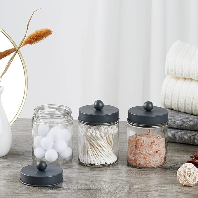 Amolliar Glass Apothecary Jar Qtip Holder Metal Lids 4pc/Grey | Bathroom Decor Countertop Vanity Storage Organizer Set for q tip holder,Cotton Swabs/Rounds,Makeup Sponges,Cute Stickers