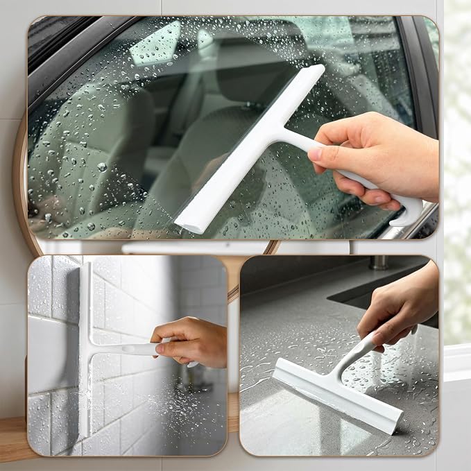 Shower Squeegee for Glass Doors, 10-Inch Silicone, Fishtail Type Hook,White | One-piece Silicone, Fishtail Hook, Non-slip Grip and Quiet Glide for Shower Glass, Tile, Mirrors, Windows and Car Glass