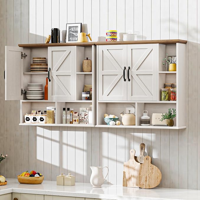 Bathroom Wall Cabinet, Farmhouse Medicine Cabinet with Doors, White & Brown | Over The Toilet Storage Cabinet with Double Barn Door and Adjustable Wood Shelf for Wall Mounted for Bathroom Laundry Kitchen