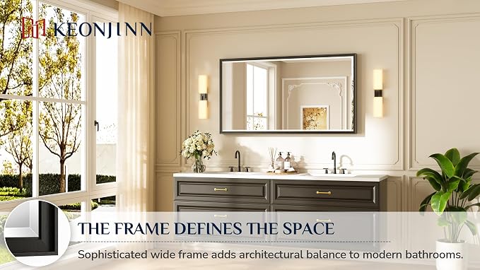 Keonjinn 55" x 30" Black Bathroom Vanity Mirror, Aluminum Alloy Frame | Safe Tempered Glass with Beveled Edge, Secure French Cleat, Rectangle Wall Mirror for Over Sink, Hallway, Living Room Decor