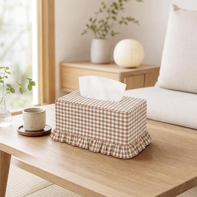 Sawysine Light Brown Check Plaid Fabric Tissue Box Cover Farmhouse Ruffled Rectangular Napkin Holder Warm Fall Winter Neutral Rustic Decor for Home Bedroom Living Room Kitchen Log Style Indoor Decor