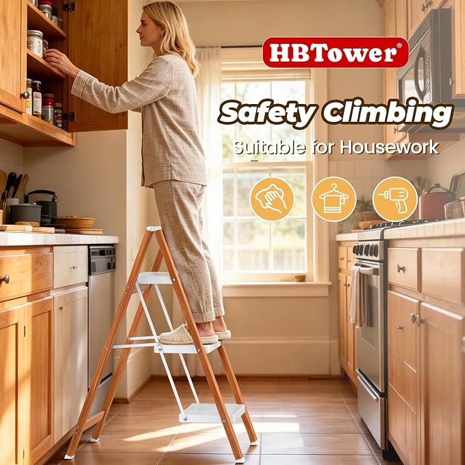 HBTower 3 Step Ladder, Lightweight Aluminum Folding Step Stool | Anti-Slip Wide Pedal, 330lbs Capacity Step Ladder for Household Kitchen Office, WhiteWoodgrain