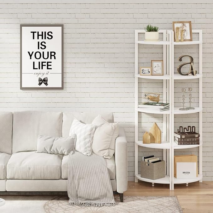 Tall Corner Shelf, 5 Tier Modern Corner Bookshelf Stand, Wood and Metal Corner Plant Bookcase for Living Room, Home Office (White Oak)