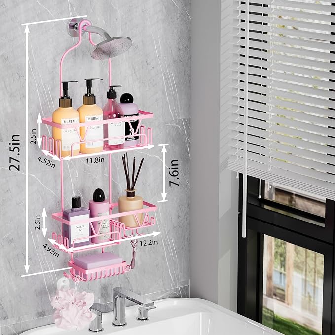 DAOYA Hanging Shower Caddy Over Shower Head, Anti-Swing Shower Organizer For Inside Shower With 2 Soap Holders, Multi Hooks, Rustproof Bathroom Accessories, Pink